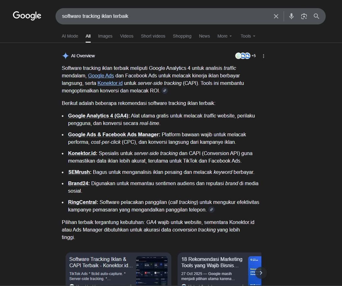 Proof Konektor.id muncul di hasil AI Overview untuk keyword software tracking iklan terbaik